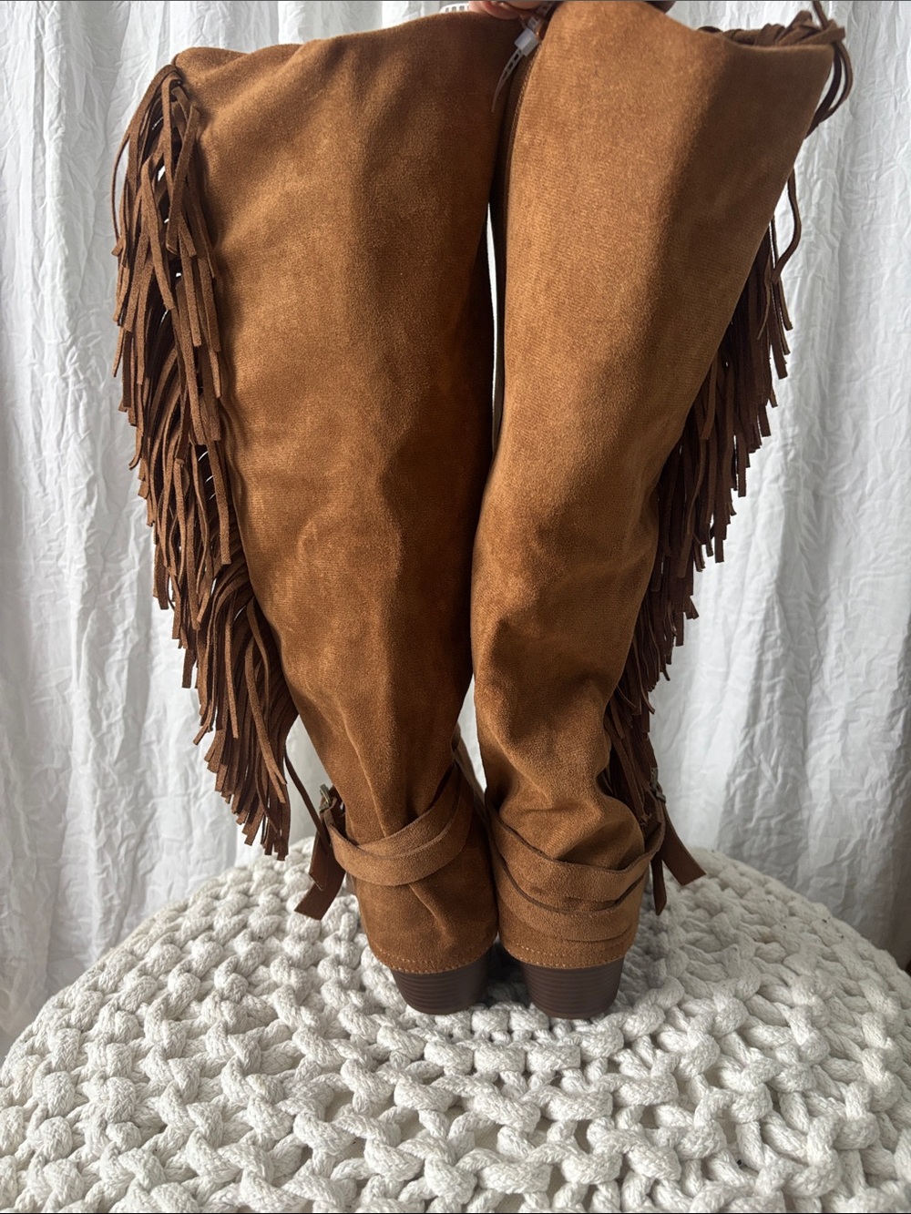 Fringed Tall Suede-Look Heeled Boots in Brown - Picture 5 of 9